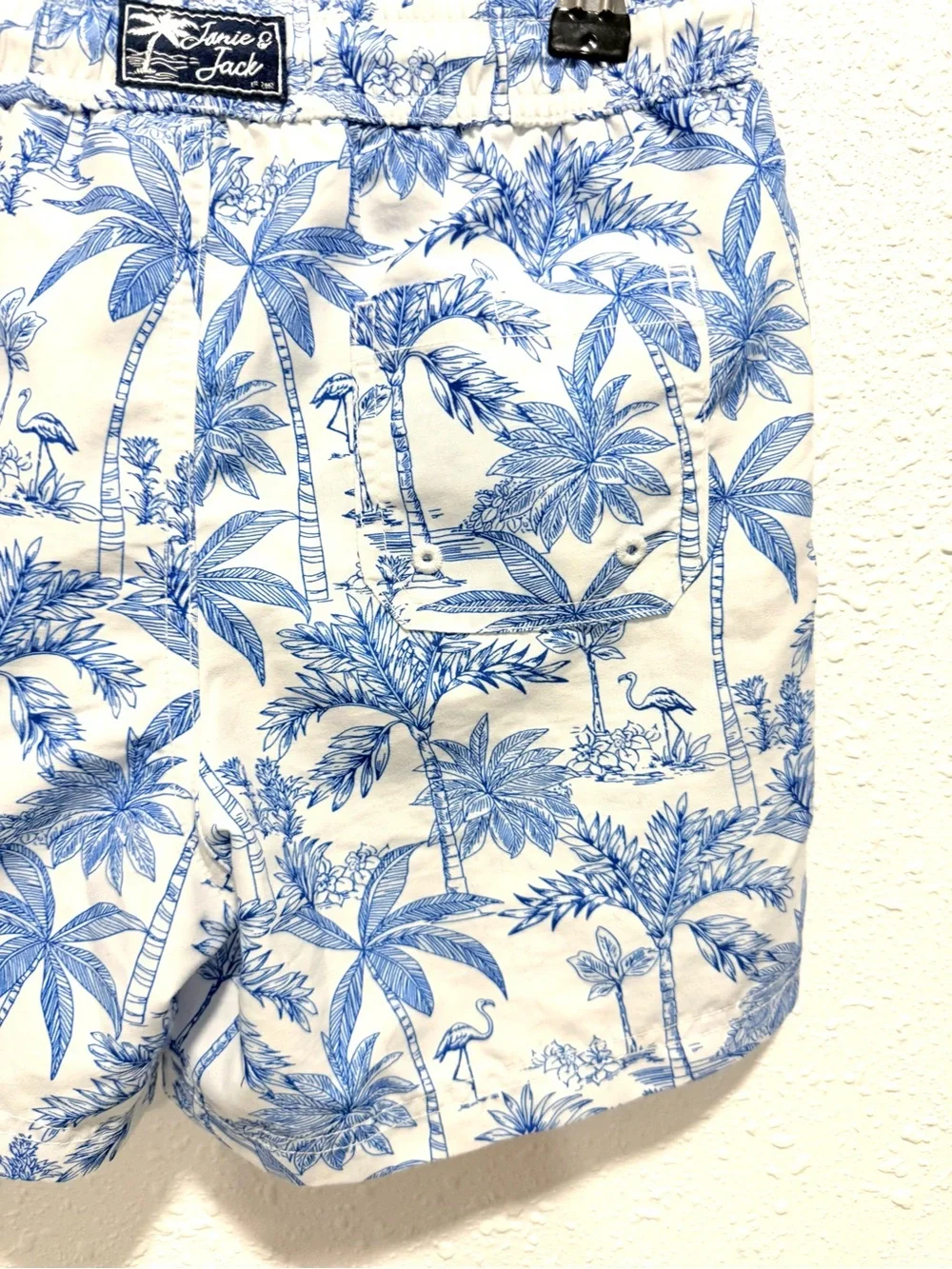 Janie and Jack Blue Palm-Print Drawstring Swim Shorts 8T
